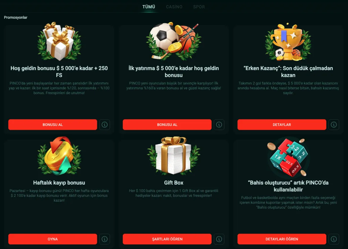 Pinco casino uygulaması Bonusları