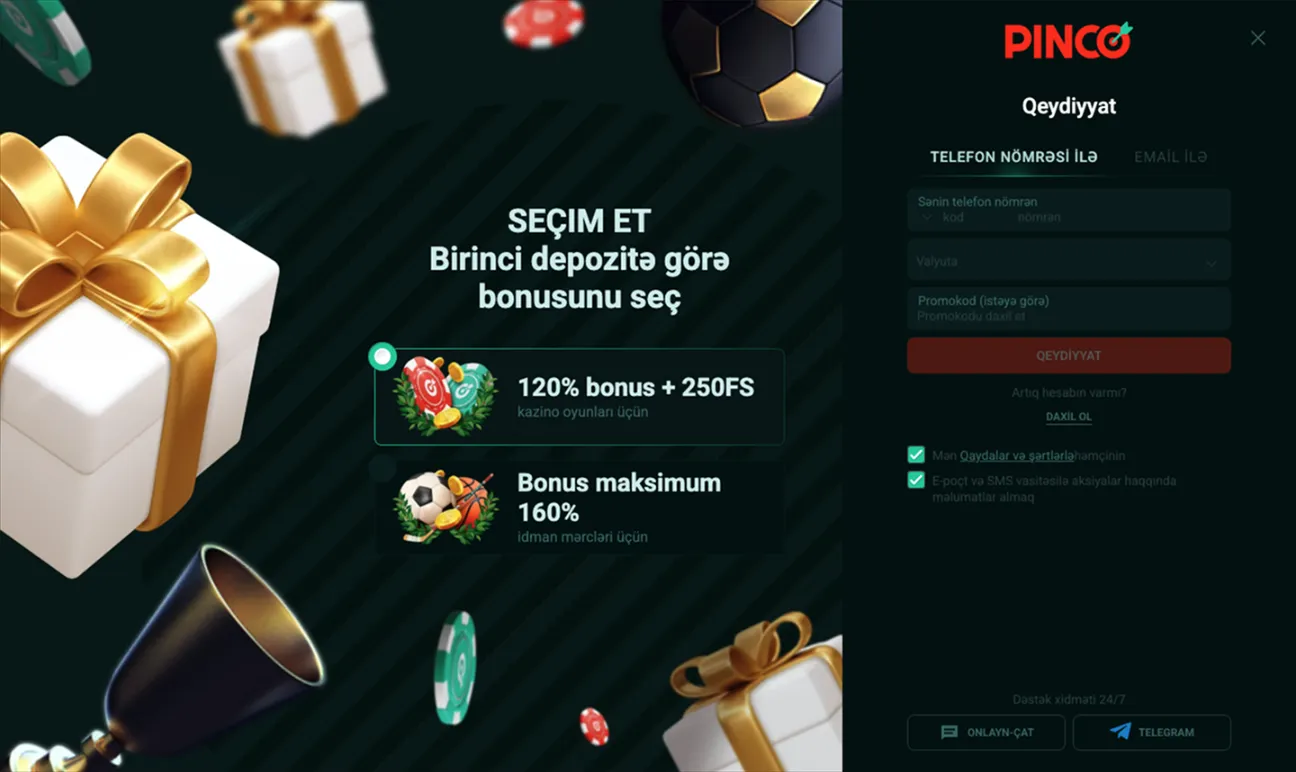 Pinco ilk depozit bonusları. Slotlar üçün 150% + 250 pulsuz fırlanma və ya mərc üçün 160% -ə qədər 