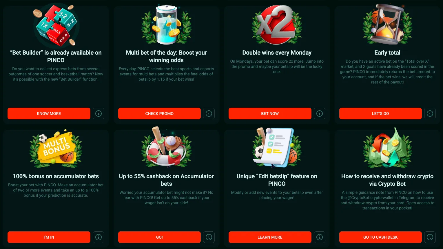 Pinco casino bonuses page