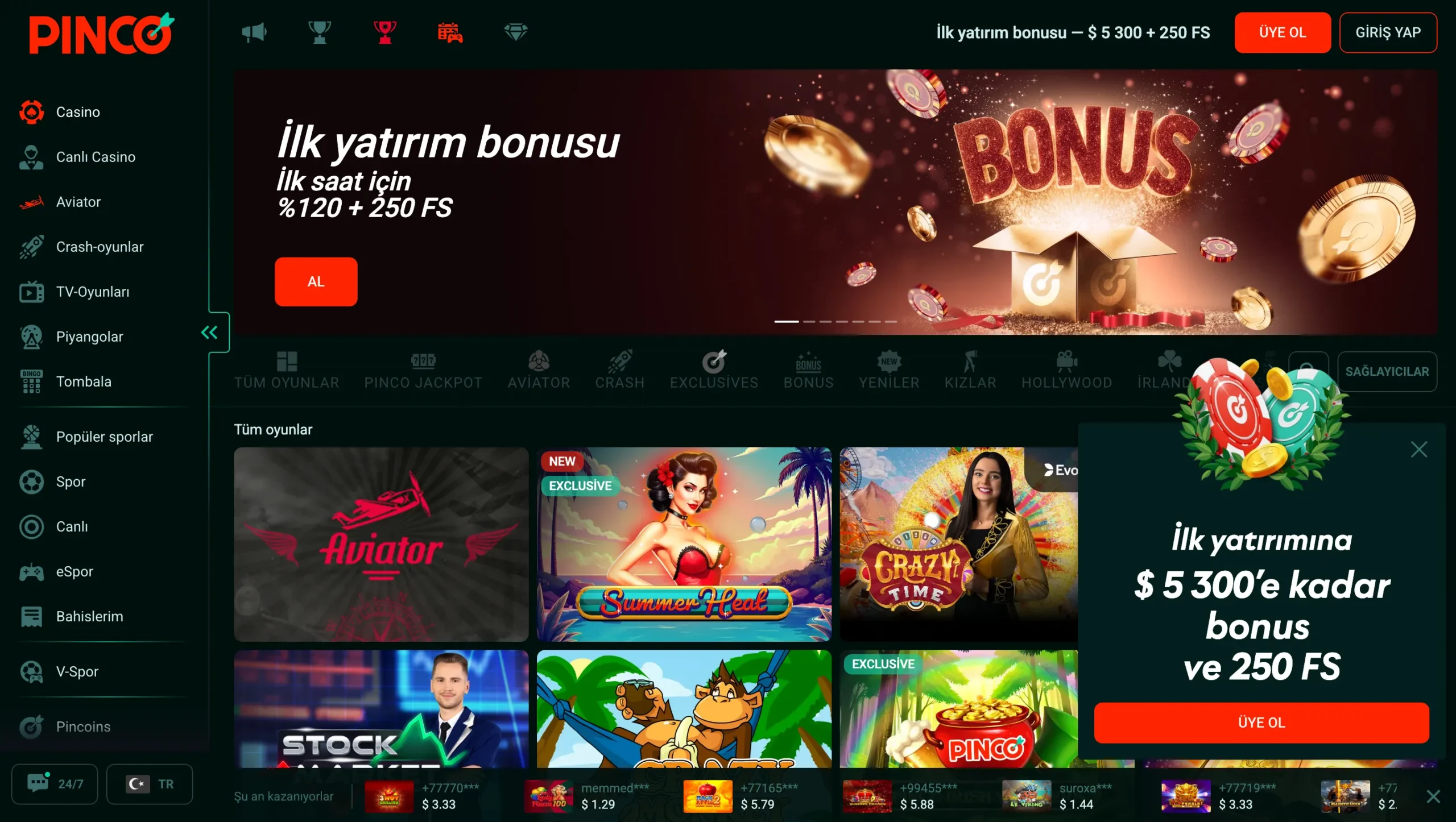 Türkiye'de Pinco Casino'ya para yatır
