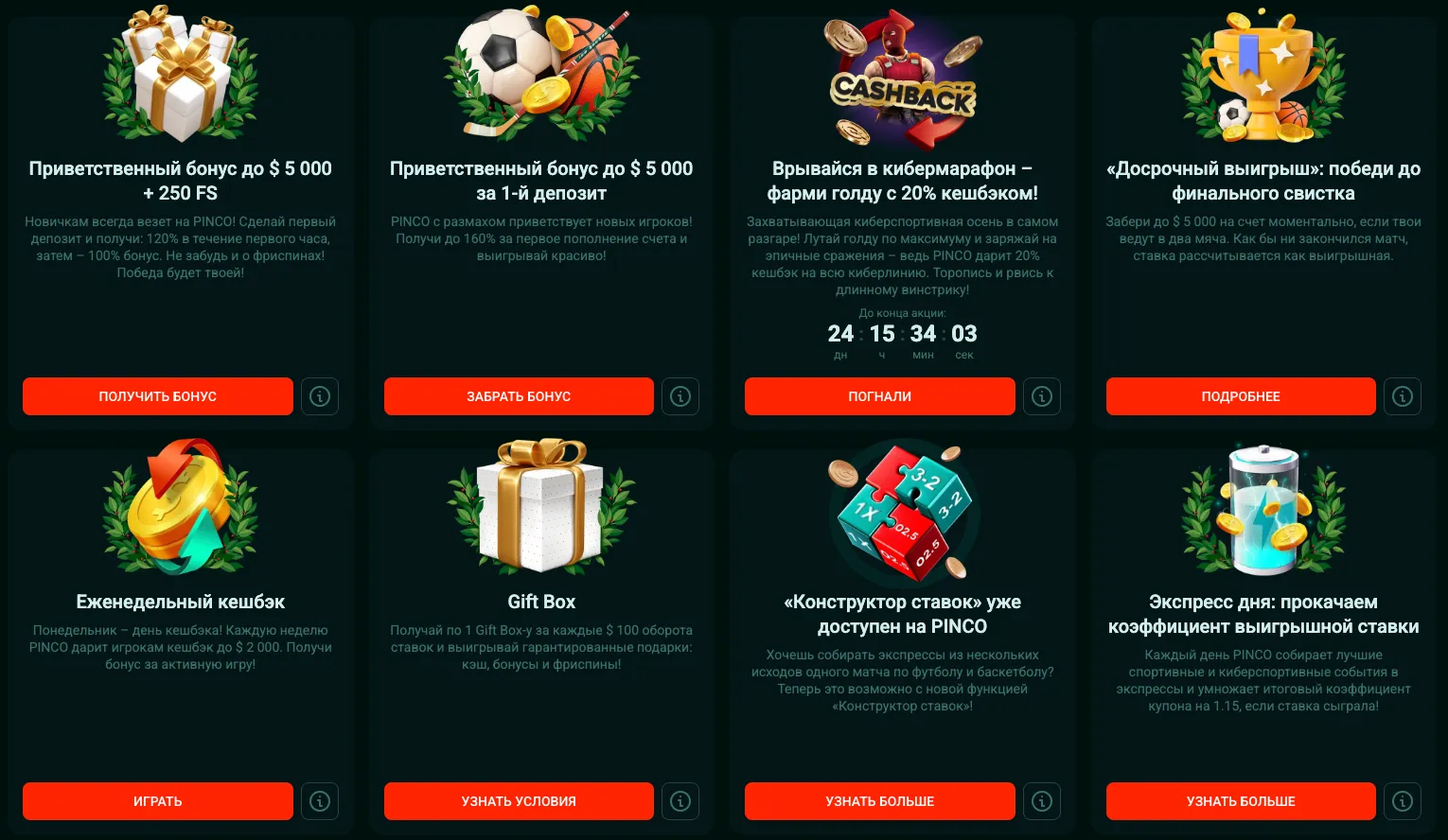 Страница бонусов Pinco Casino